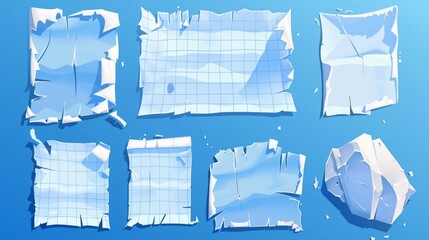 Poster - A set of torn paper pieces attached with sticky tape on a blue background. Modern realistic illustration of ripped paper with uneven edges.