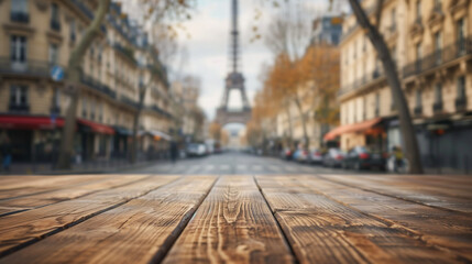 A photo shows an empty wooden table top with a slightly blurry background of the Eiffel Tower, Ai Generated Images