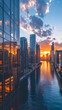 A modern city skyline features skyscrapers and office buildings at sunset, symbolizing corporate real estate in urban development.