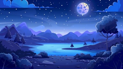 Sticker - Cartoon night dark landscape with lake in forest under full moon light. Dusk modern scene with bushes, trees, rocky hills, starry sky, clouds and starry sky.