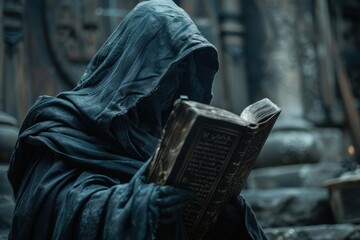 A cloaked figure, its face obscured by shadows, reads from a tome inscribed with the secrets of the zodiac, unlocking forbidden knowledge hidden within its pages.