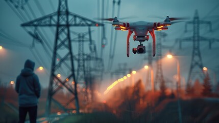 Fototapete - Technician are launching drones to inspect the power station for a planned work, Drone inspecting electricity generated towers. Generative AI.