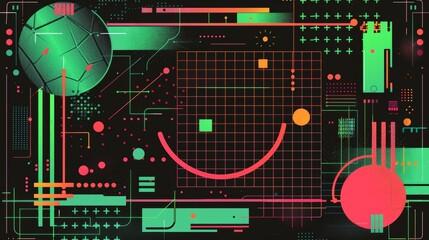Poster - Retro futuristic poster template with abstract grid and gradient green shapes on black background. Modern banner layout design with wireframe sphere and pattern.
