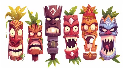Wall Mural - Several tiki masks isolated on white background. Cartoon illustration of traditional hawaiian or polynesian attributes.