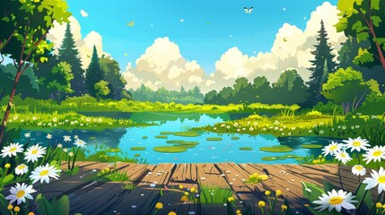 Wall Mural - The winter landscape shows a lake with wooden deck, pond, daisy plants, butterflies, and trees. The spring or summer scenery shows blossoms, woods, and ponds with blue skies and clouds.