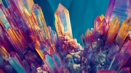 A microscopic view of crystal formations, their vibrant colors and geometric shapes forming a fascinating abstract landscape against a deep.