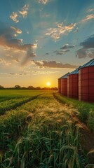 Poster - A field of crops with a sunset in the background