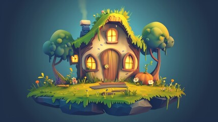 Canvas Print - A magical, tiny house of a gnome or animal, lit from above by the windows. A cartoon modern set depicting a fantasy gnome with a pumpkin, flower and wood in the garden on a grass island. A fantasy