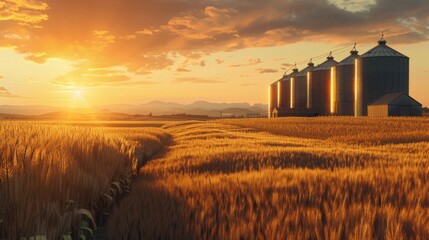 Poster - A field of golden wheat with a sun setting in the background