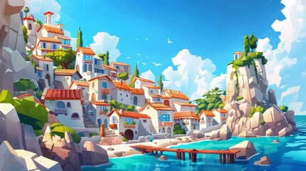 Wall Mural - Cartoon modern illustration of a small city with multistory buildings on a cliff face or in the ocean or sea. Illustration of a natural landscape with a wooden bridge leading to a town on a rocky