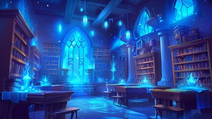 Wall Mural - Illustration of a magic library with wizards and witches, flying glowing books and wands, bookshelves and wooden desks. Cartoon illustration of a fantasy fairy tale or game education room.