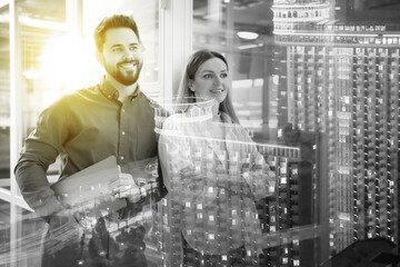 Poster - Double exposure of business partners and cityscape