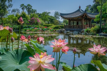 peaceful meditation spot beside a tranquil lotus pond, with colorful blooms and serene water.