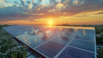Poster - Solar panels on flat roof garden. Generative AI.