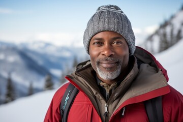 Canvas Print - Portrait of a tender afro-american man in his 40s dressed in a warm ski hat in front of snowy mountain range