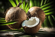 Coconut with palm leaf. Generative Ai