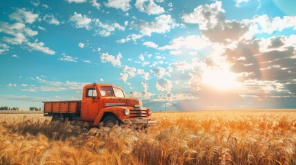 Poster - An old red truck is parked in a field of tall golden wheat