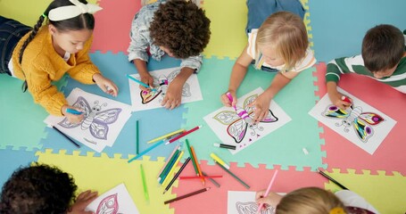 Poster - Children, group and drawing for creative learning in classroom for education, project or back to school. Boys, girls and friends on floor mat for student art lesson or Montessori, youth or playing
