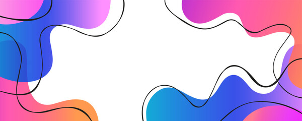 Poster - Abstract background with curved shapes and black wavy lines. Bright fluid colors. Color waves on white background. Vibrant colored gradients for creative graphic design. Vector illustration.