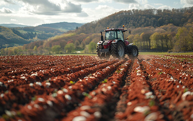 Tractor works in field against the backdrop of sunset. The concept of development of agriculture and farming