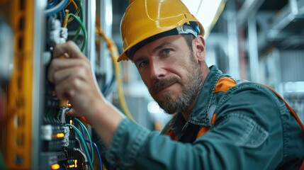 Wall Mural - Professional electrical contractor doing wiring electrical in the factory. Generative AI.