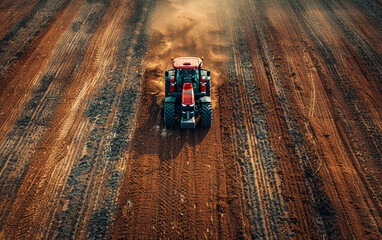 Tractor works in field against the backdrop of sunset. The concept of development of agriculture and farming