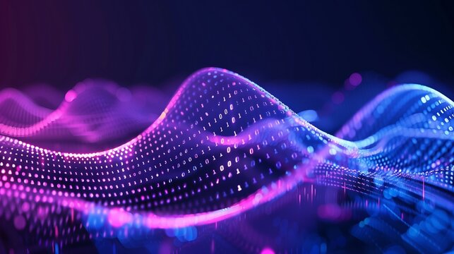 colorful abstract background with shiny neon purple and blue waves and surface with dots, technology and cyberspace background