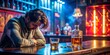 © Bondgofoto - A lonely sad alcoholic man is sitting at the bar with a bottle of alcohol on the table. thinks about how to give up alcohol addiction