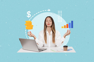 collage of a businesswoman sitting at a table meditating with icons of graphs, coins, dollars and money above her head on a blue background