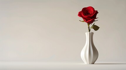 Wall Mural - A minimalist, sculpted white vase holding a single, dramatic red rose, the stark contrast between the subjects creating a powerful visual impact against a fancy.