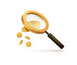 A golden magnifying glass in the form of a coin examines and magnifies money. Vector illustration.