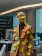 © yaqui_villegas - A business professional's suit is humorously covered in a multitude of colorful sticky notes in an office