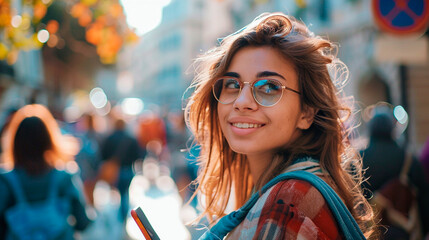 Wall Mural - young beautiful girl in a red coat is using a mobile phone