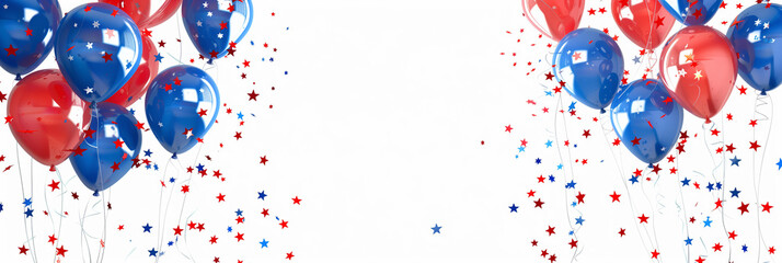 Blue, white and red balloons and stars confetti on a white background with copy space. Celebrating 4th of July banner.