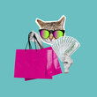 Woman headed by cat head in sunglasses and white jacket holding a wad of hundred-dollar cash banknotes on green color background. Trendy collage in magazine style. 3d contemporary art. Modern design