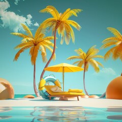 Wall Mural - A beach scene with yellow lounge chairs, a yellow umbrella, and a palm tree.