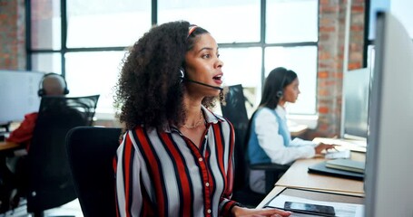 Poster - Woman, help and customer service in call center with consultant for crm, faq or b2b networking. Telemarketing, sales and contact us for technical support questions, advice and problem solving ideas
