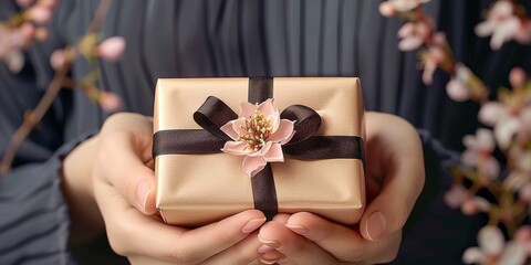 Sticker - A person is holding a present with a black ribbon and flower decoration in the palm of their hands. The background is blurry, with a few out of focus pink flowers in the top right corner.