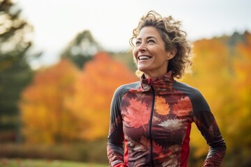 Wall Mural - Portrait of a cheerful woman in her 40s sporting a breathable mesh jersey in front of background of autumn leaves