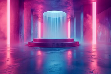 Poster - A spacious room with a circular stage bathed in neon light and accentuated with futuristic design elements