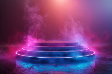 Poster - A hypnotic scene with luminous neon rings and wafting smoke set on a dark stage, creating an ethereal atmosphere