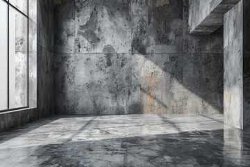 Poster - An empty architectural space with raw concrete walls casting shadows from sunlight pouring through the window, evoking a sense of openness