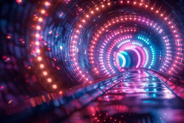 Poster - This mesmerizing image captures a tunnel adorned with vibrant LED lights, creating a captivating abstract background