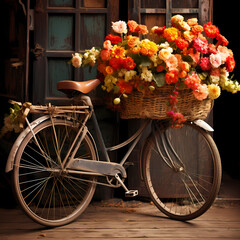 Wall Mural - A vintage bicycle with a basket of flowers. 