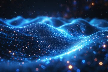 Poster - An elegant background capturing an undulating wave of blue sparkling particles, simulating the motion of energy