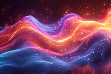 Fototapete - Digital landscape with flowing waves of fiery colors and sparkling particles, creating an abstract backdrop of warmth