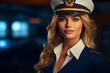 Portrait of attractive female Airline Pilot in Uniform. Generative AI