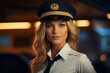 Portrait of Confident Female Airline Pilot in Uniform. Generative AI