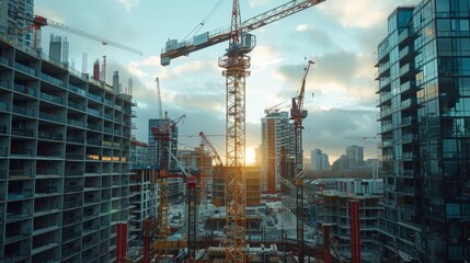 Poster - Construction site view with tower crane. Generative AI.