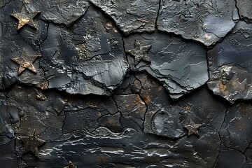 Poster - Close-up of a dark textured surface with embossed golden stars creating an abstract pattern